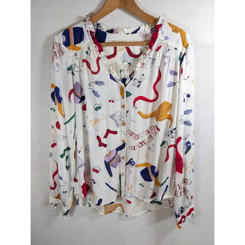 Maeve Anthropologie Marisol Ruffled Blouse Women Size 12 Multicolor Winter Print - Picture 3 of 9